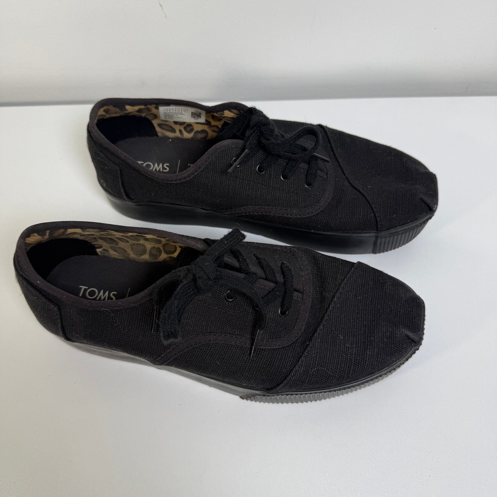 TOMS Alpargata Platform Sneakers Women Size 9 Black Canvas Lace Up Leopard Print